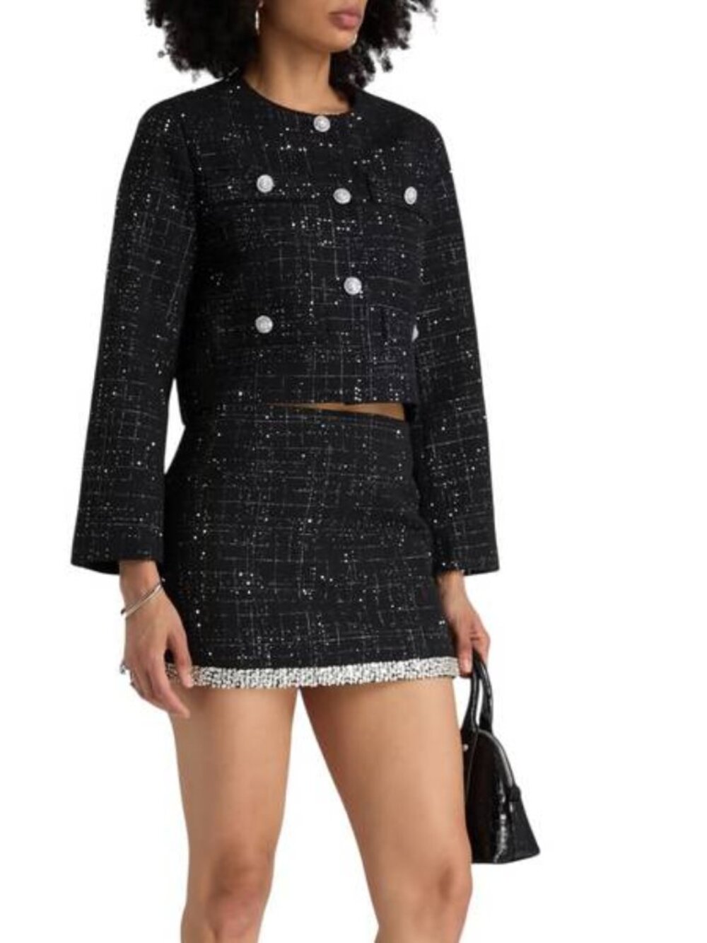 NEW MAJE Womens Blazer Jacket Black SizeL Short Metallic Tweed Sequins Button Up
